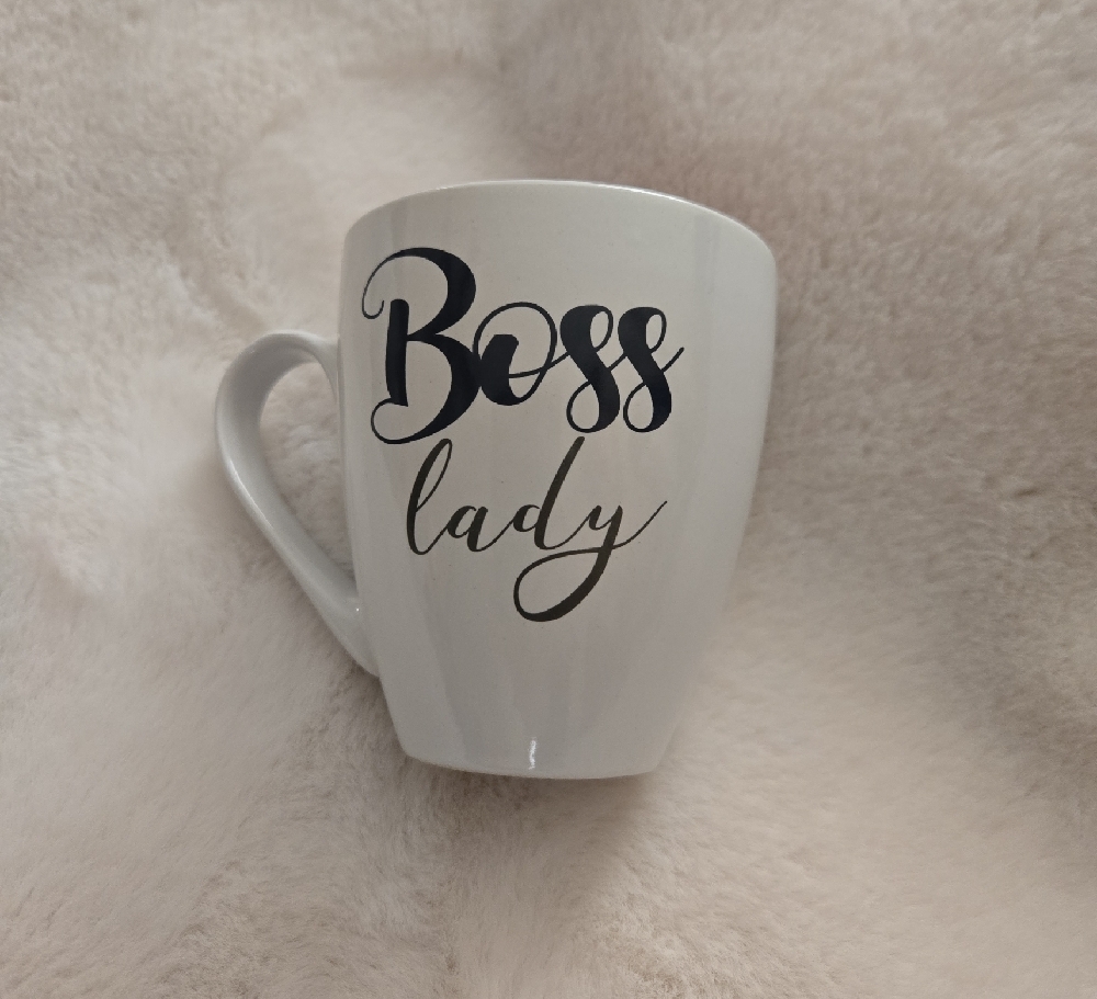 White 'Boss Lady' Mug With Black Stylish Font And Gorgeous Pink Interior NWOT